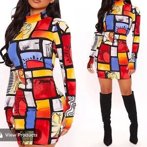 Fashion Nova Multicolor Long Sleeve Dress